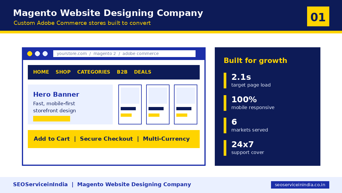 Magento website designing company storefront design preview with performance stats