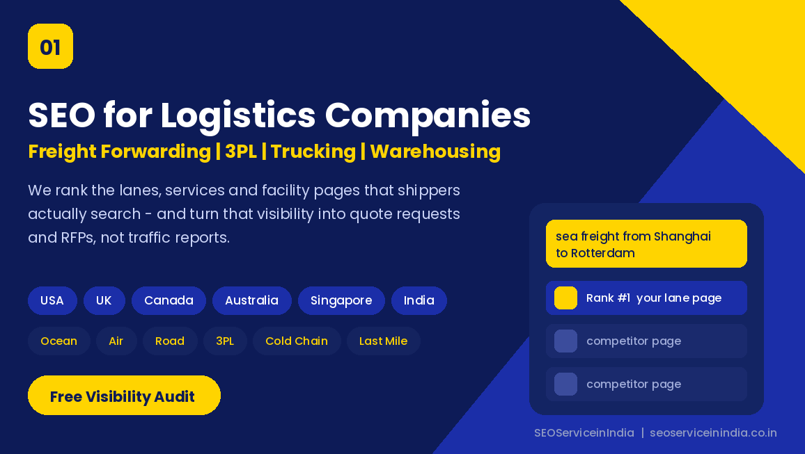 SEO for logistics companies covering freight forwarding, 3PL, trucking and warehousing across six markets