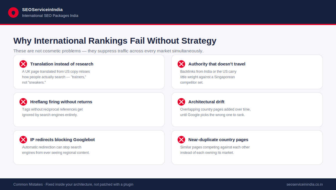 Common international SEO mistakes including hreflang errors and duplicate country pages