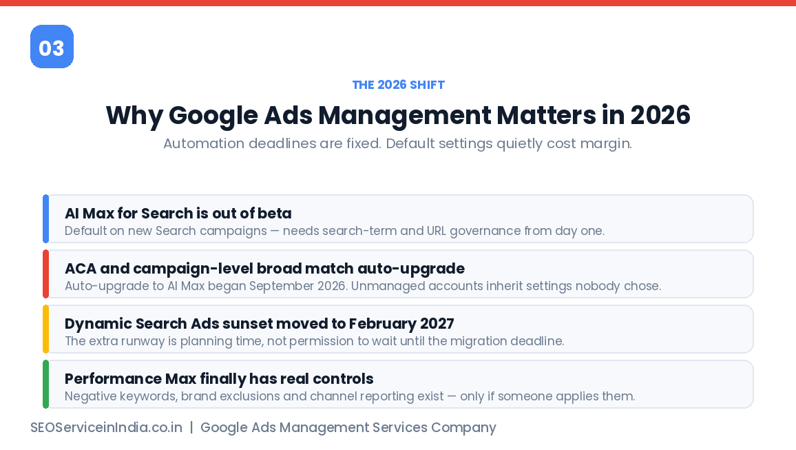 Google Ads 2026 changes including AI Max out of beta, ACA auto-upgrade, DSA sunset and new Performance Max controls