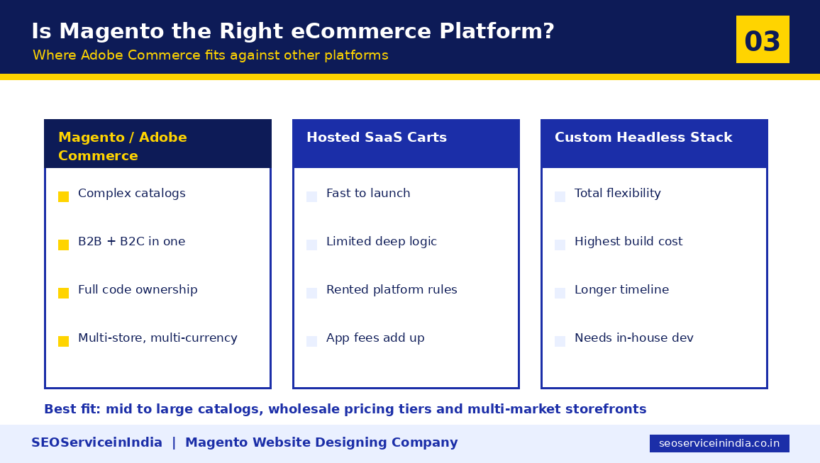 Magento Adobe Commerce compared with SaaS carts and headless stacks
