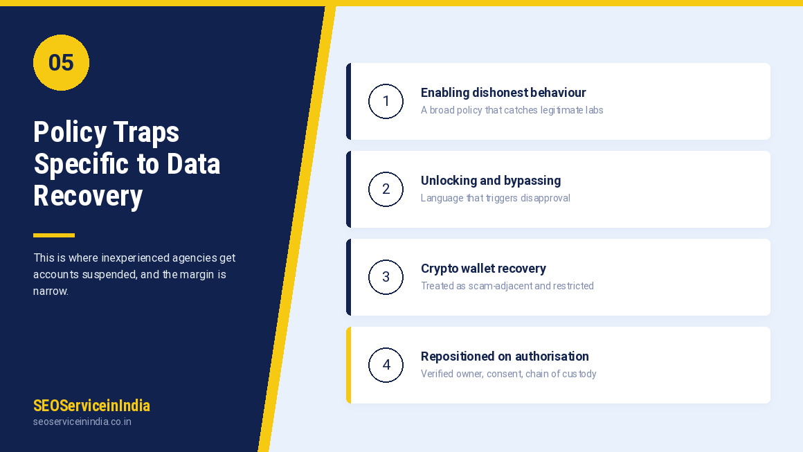 Google Ads policy compliance checks for data recovery advertisers