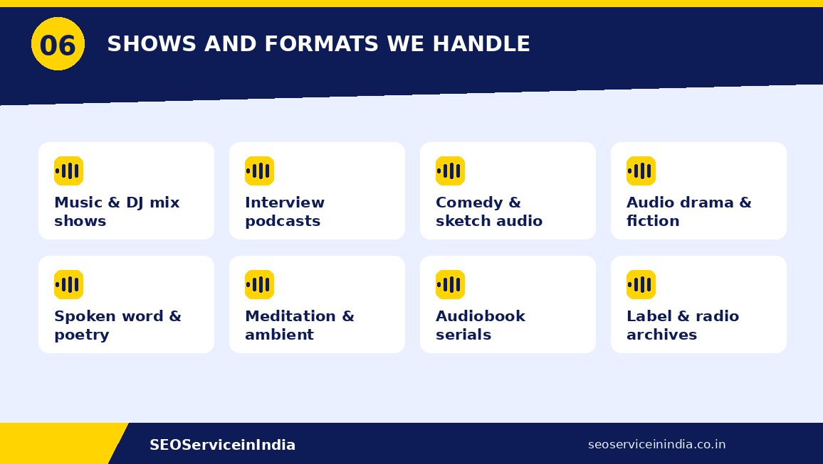 Podcast formats handled — music shows, interviews, comedy, audio drama, spoken word, meditation, audiobooks