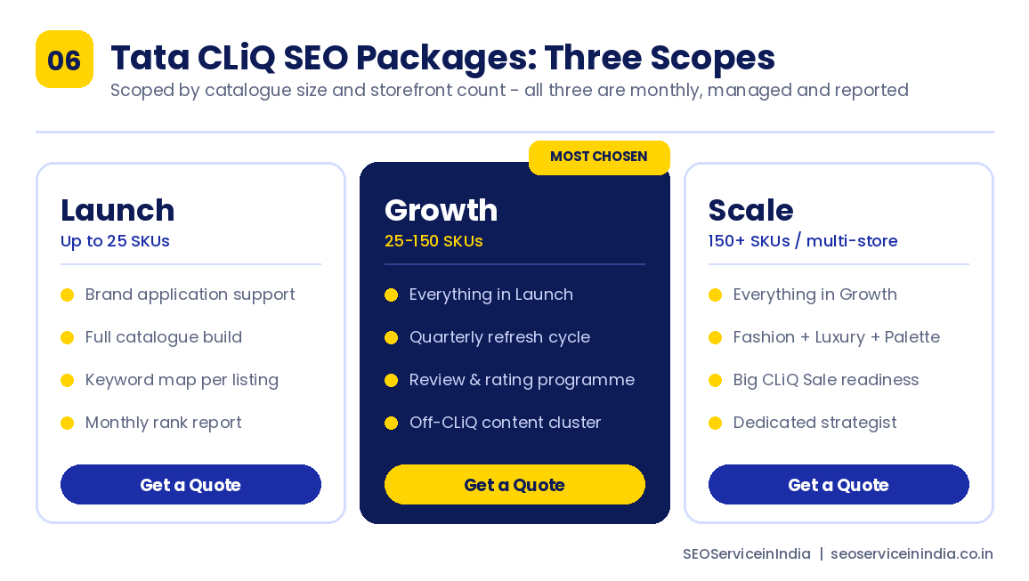 Three Tata CLiQ SEO package tiers scoped by catalogue size and number of storefronts