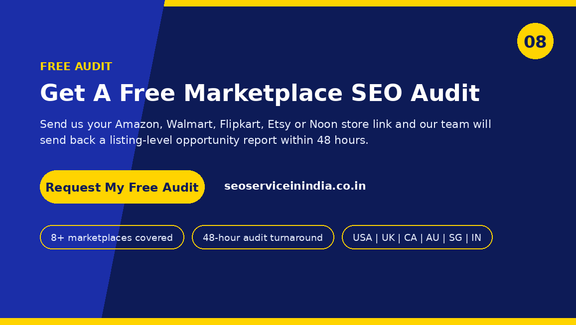Free marketplace SEO audit call to action for Amazon, Walmart, Flipkart, Etsy and Noon sellers
