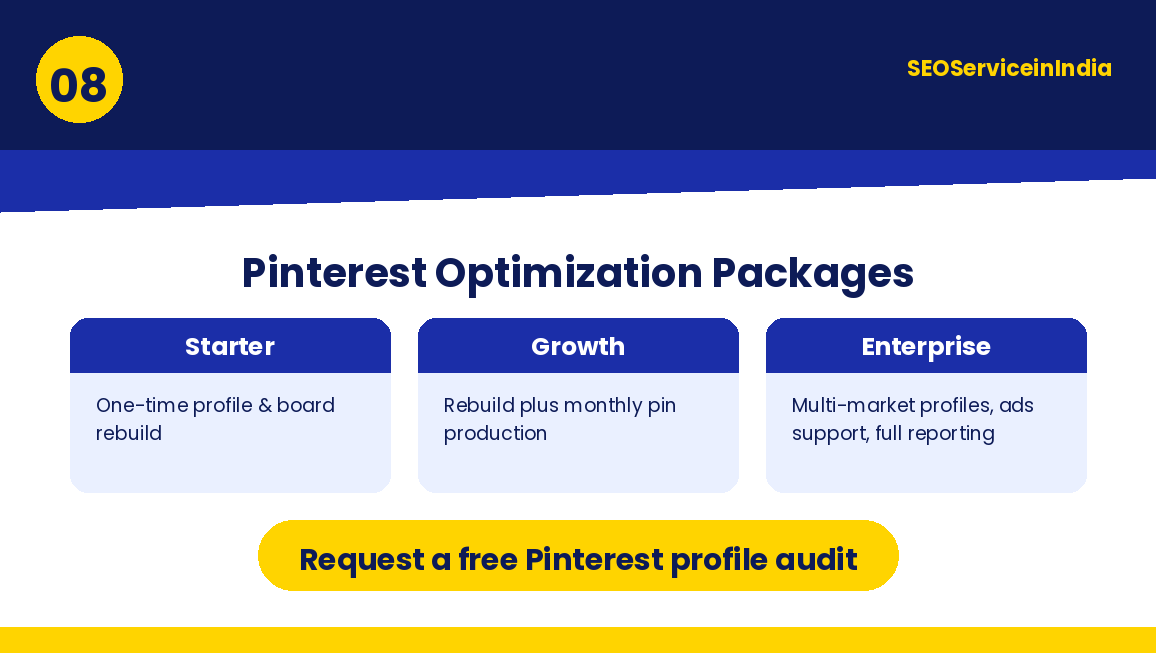 Pinterest optimization packages: starter, growth and enterprise plans with a free profile audit
