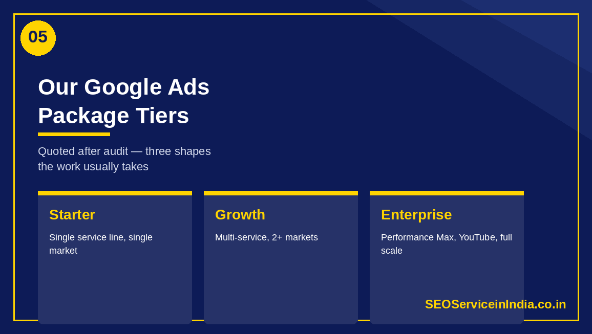 Starter Growth and Enterprise Google Ads package tiers for cyber security firms