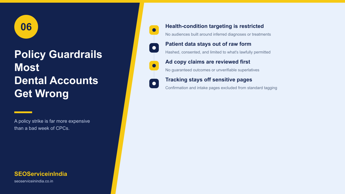 Google Ads healthcare policy guardrails for dental accounts covering targeting, data and ad claims